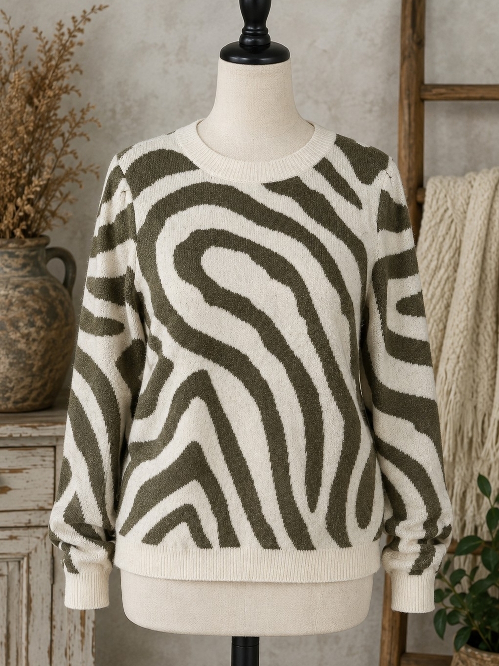 Olive & Cream Zebra-Pattern Crewneck Sweater